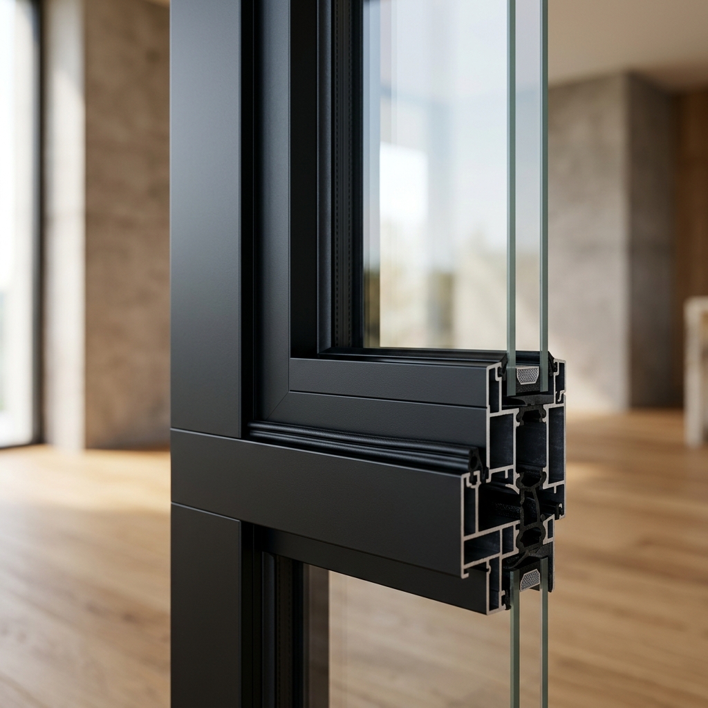 展示精密工艺的高端黑色铝合金窗框细节