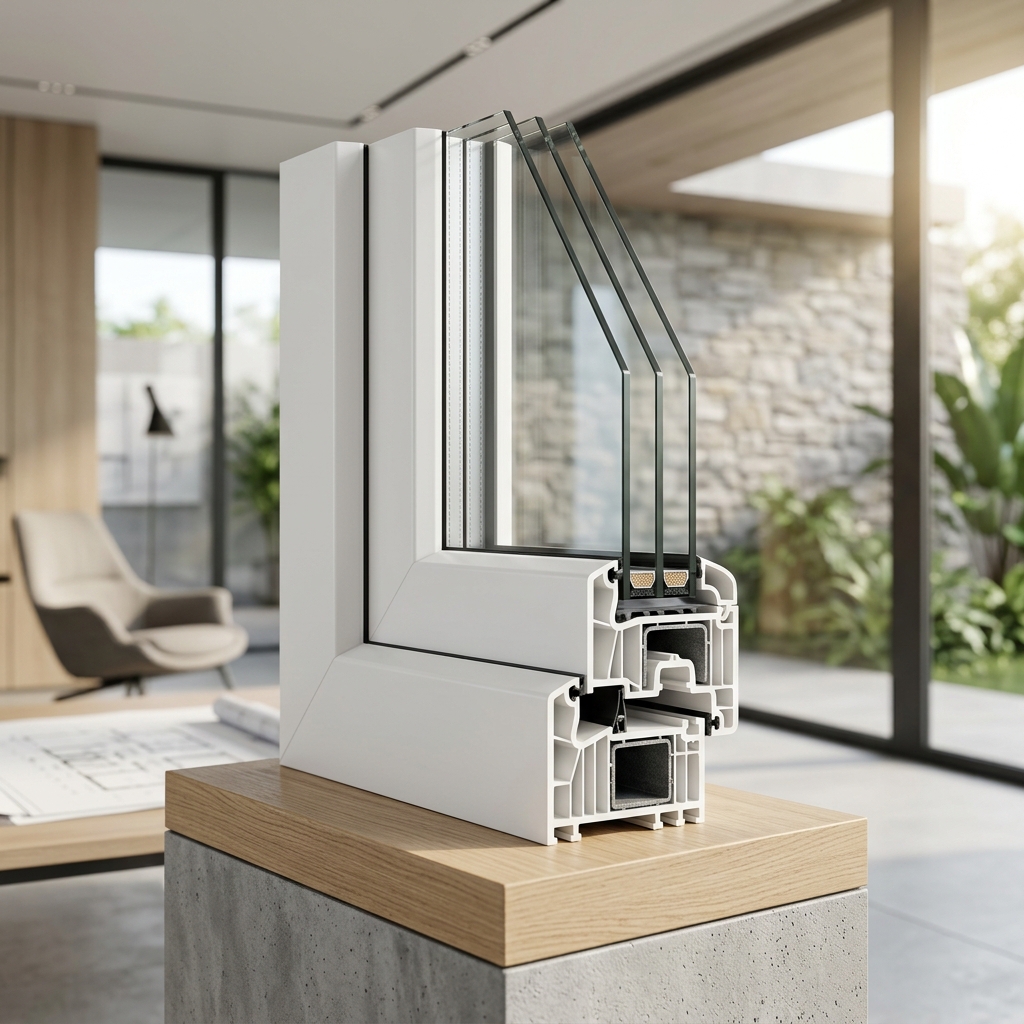 高品质白色 PVC 窗框，带三层玻璃绝缘细节